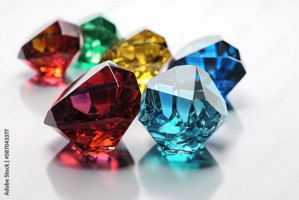  a group of different colored diamonds sitting on top of a white table top with reflections on the s