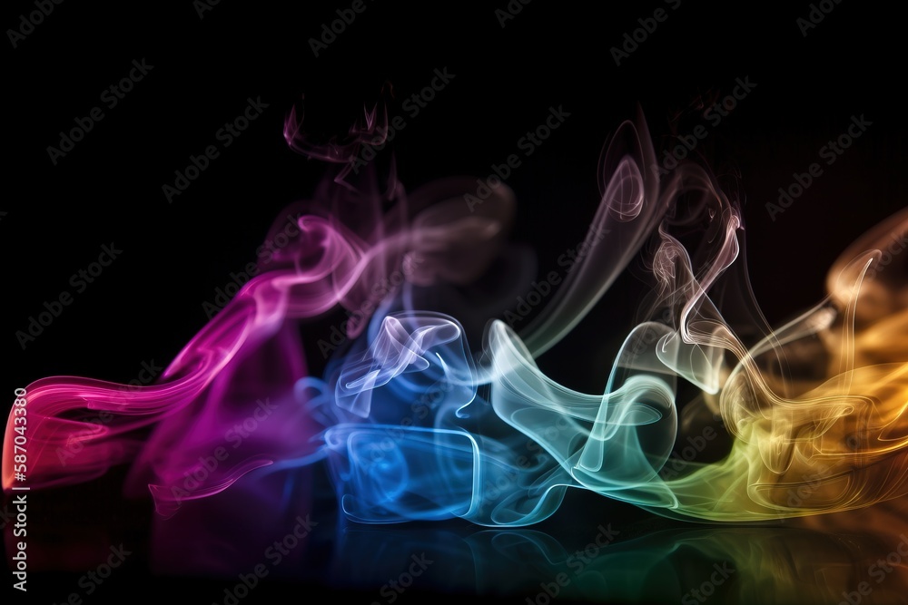  a group of colorful smokes on a black background with a reflection of the colors of the smokes in t