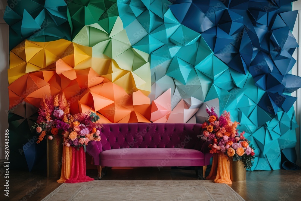  a couch and two vases with flowers in front of a colorful wall of origami paper and a rug on a wood