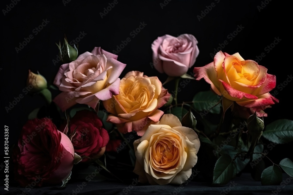  a bunch of flowers that are sitting on a black tablecloth with a black background in the middle of 