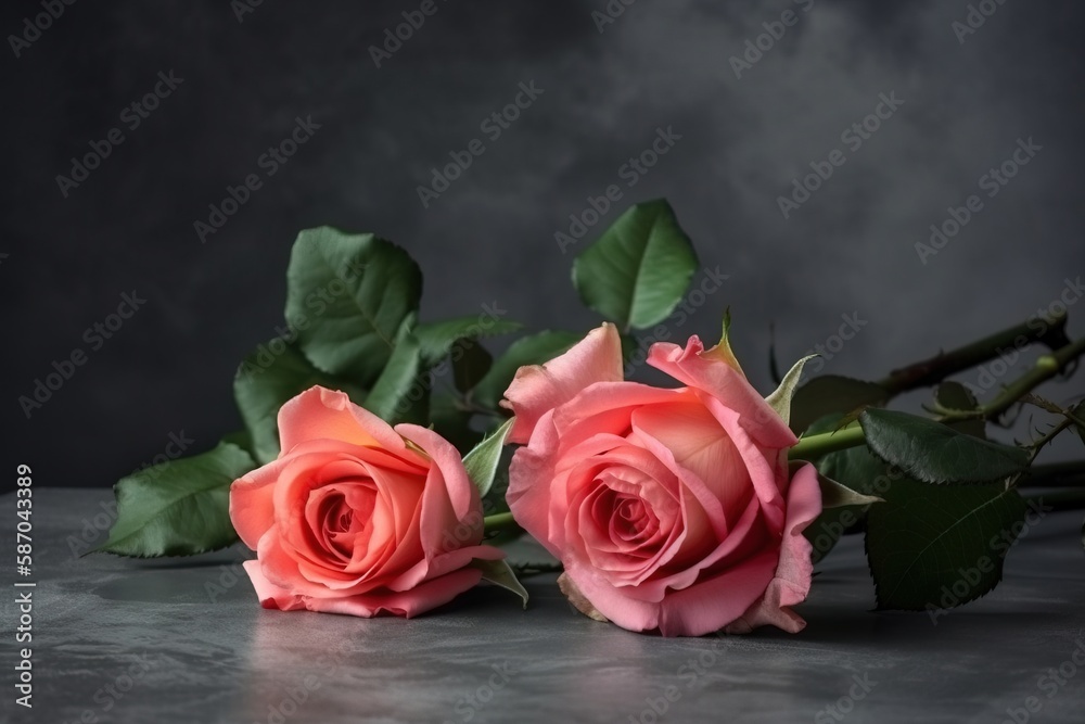  two pink roses sitting next to each other on a gray surface with green leaves on the top of the ste