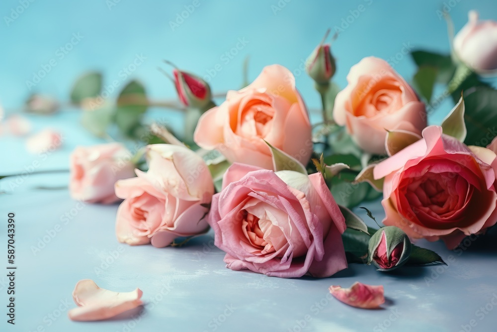  a bunch of pink and red roses on a blue surface with petals scattered around them on a blue surface