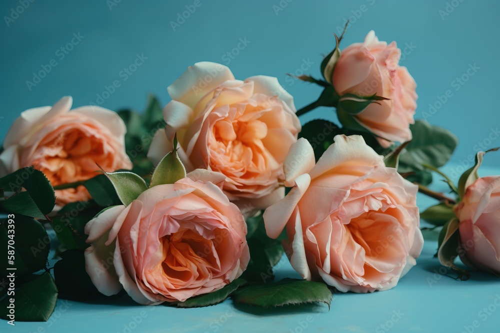  a bunch of pink roses sitting on top of a blue tablecloth covered table top next to a bunch of gree