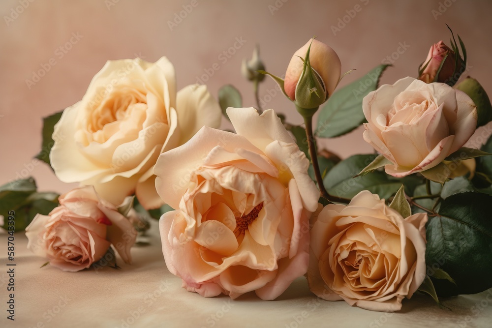  a bunch of flowers that are sitting on a table together with leaves and stems in front of a pink ba