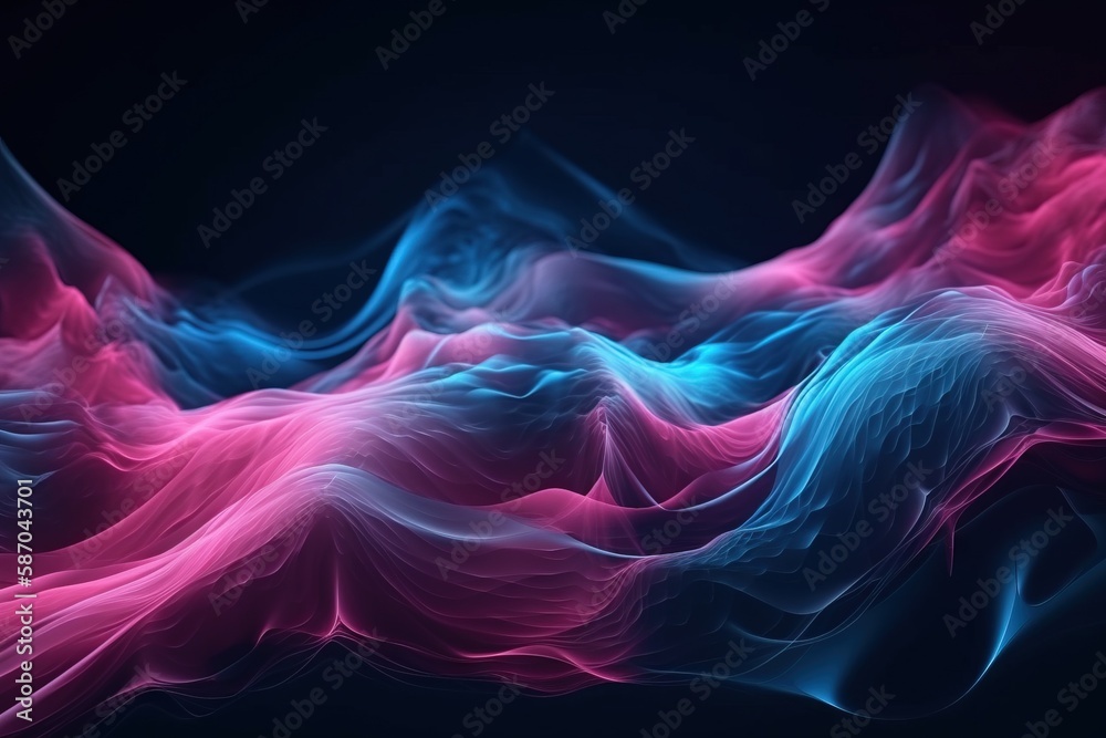  an abstract pink and blue background with wavy lines on a black background, with a black background