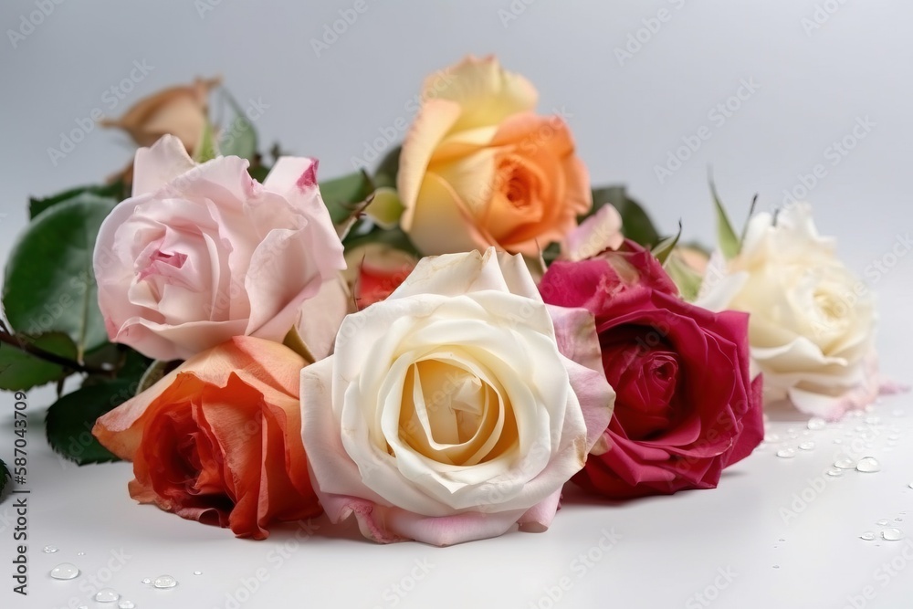  a bunch of flowers that are sitting on a white surface with drops of water on the petals and the pe