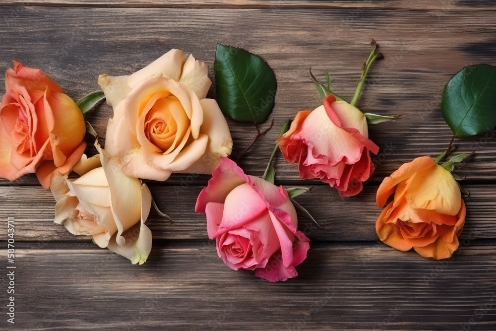  a group of roses sitting on top of a wooden table next to leaves and a vase of flowers on top of a 