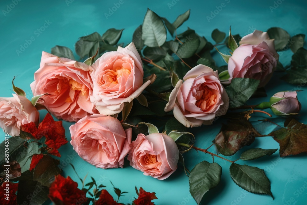  a bunch of pink roses sitting on top of a blue table next to leaves and red flowers on a blue table