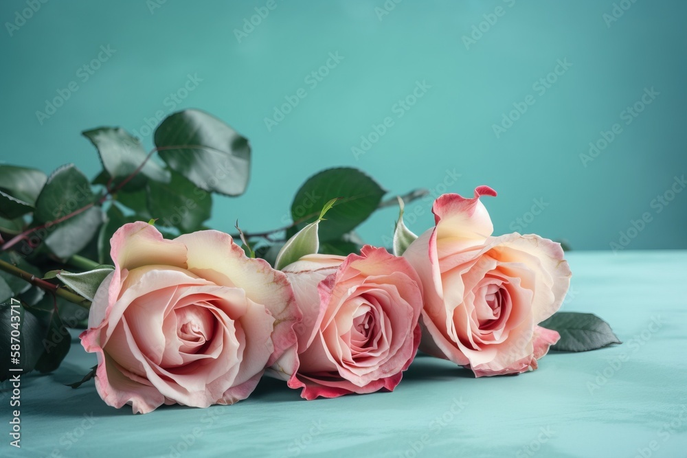  three pink roses with green leaves on a blue background with a blue background and a blue backgroun