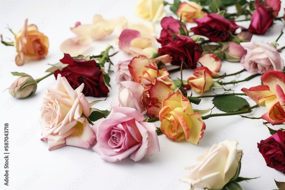  a bunch of flowers that are laying on the ground together on a white tablecloth with a white backgr