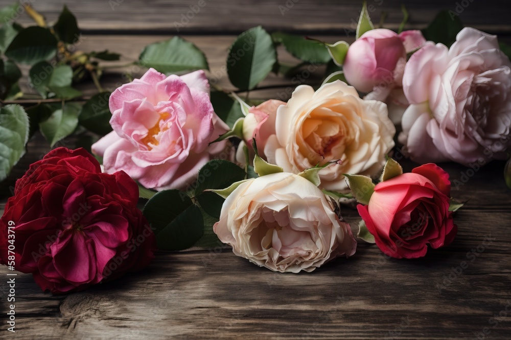  a bunch of flowers sitting on top of a wooden table next to leaves and a bottle of wine on a wooden