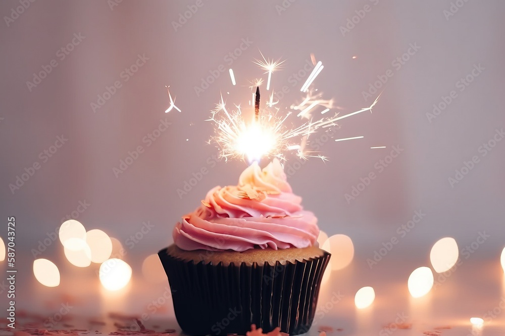  a cupcake with pink frosting and a sparkler sticking out of its top on a table with candles in the