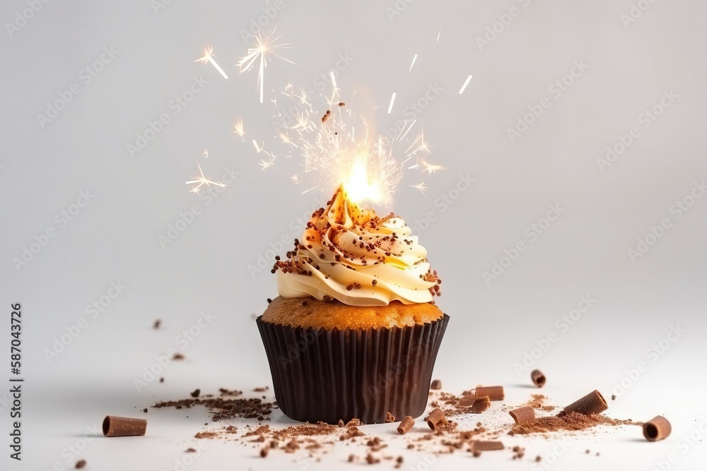  a cupcake with a sparkler on top of it surrounded by chocolate chips and sprinkles on a white backg