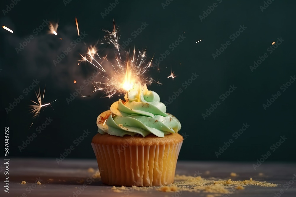  a cupcake with green frosting and a sparkler on top of it on a wooden table with confetti sprinkles