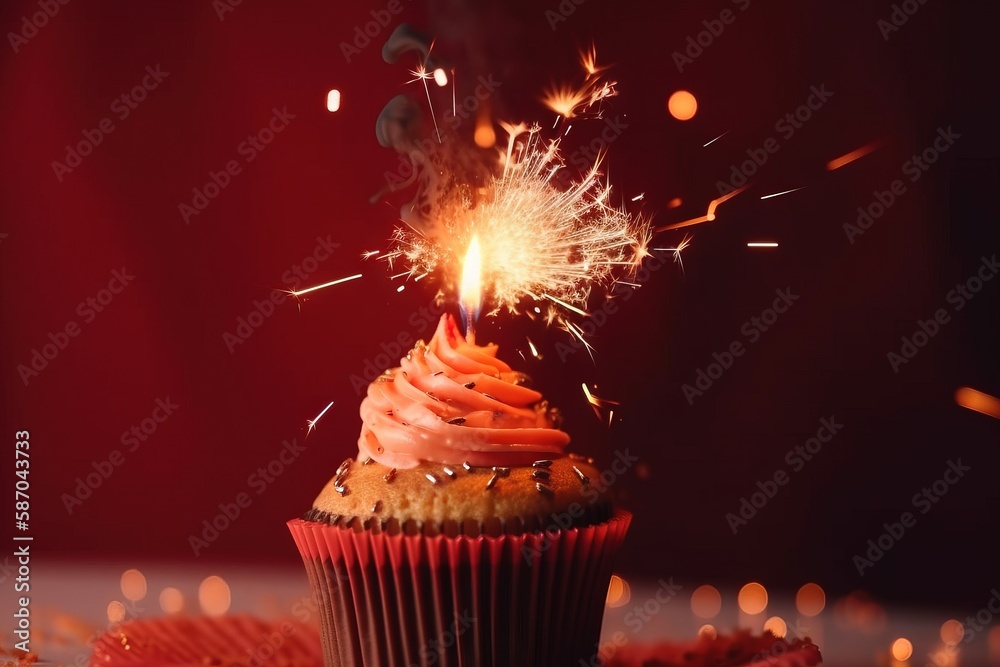  a cupcake with a sparkler sticking out of its top is on a table next to a cupcake on a plate.  gen