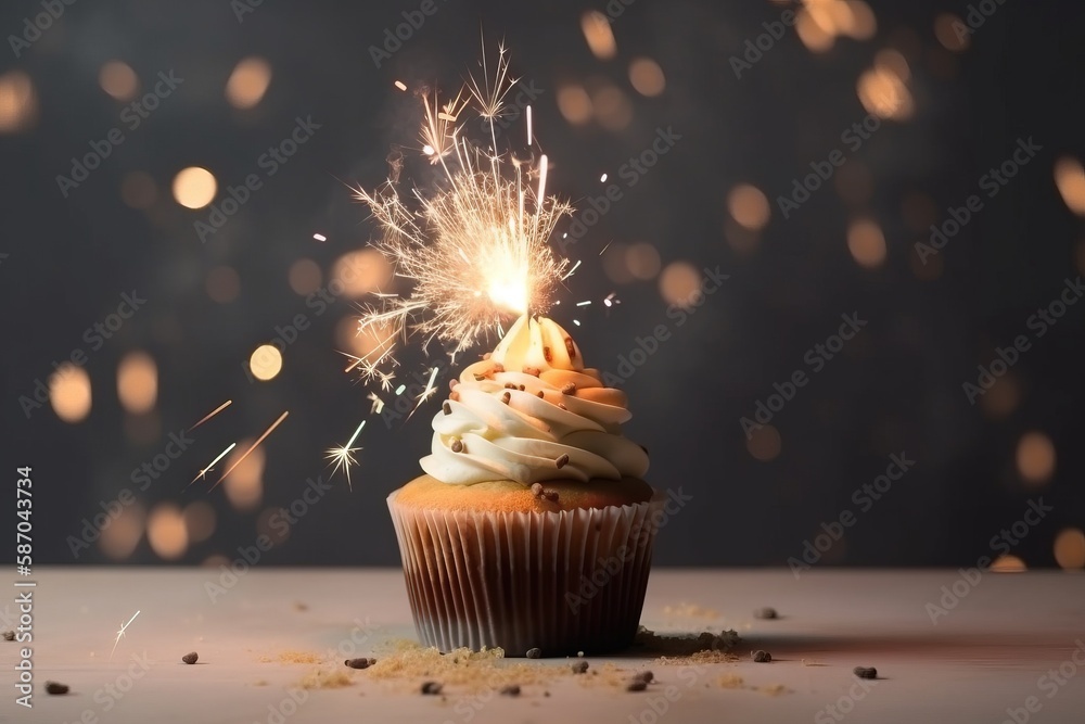  a cupcake with a sparkler sticking out of its side on a table with confetti sprinkles around it.  