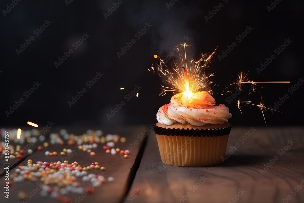  a cupcake with sprinkles and a sparkler on top of it on a wooden table with confetti scattered arou