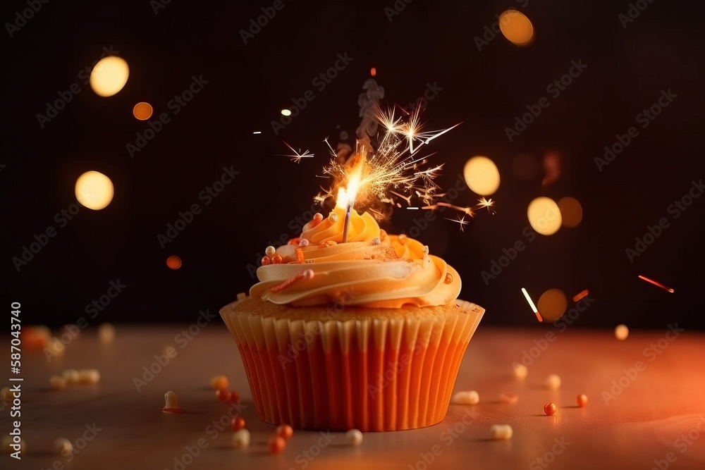  a cupcake with a sparkler on top of it and confetti scattered around it on a table with a dark back