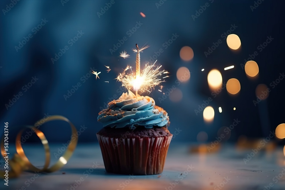  a cupcake with blue frosting and a sparkler in the middle of the cupcake is surrounded by confetti 