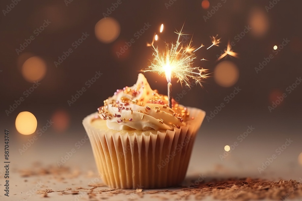  a cupcake with a sparkler sticking out of its top on a table with a blurry background of lights an