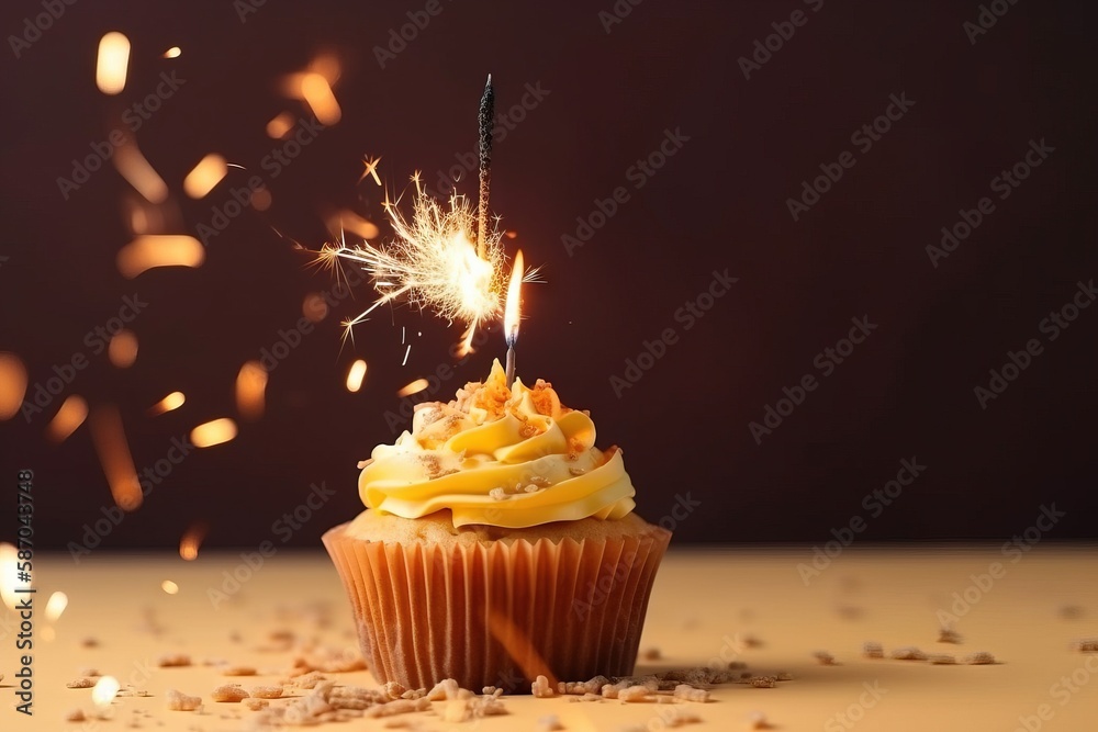  a cupcake with a sparkler sticking out of its top and sprinkles coming out of the top of it.  gene