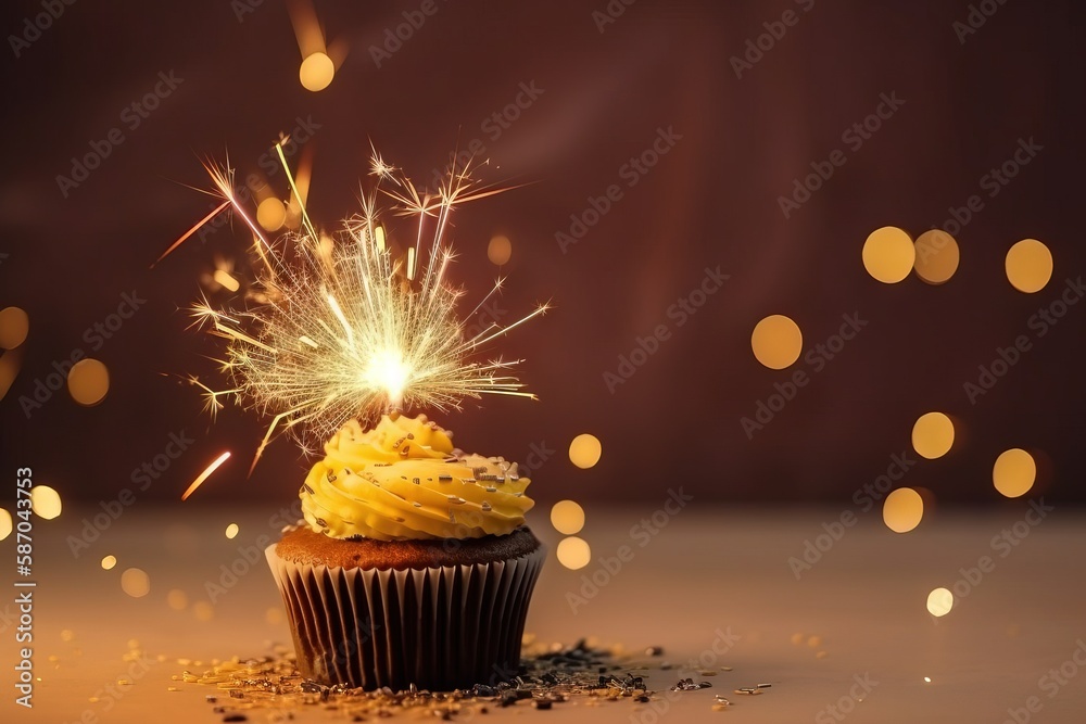  a cupcake with yellow frosting and a sparkler sticking out of its top, on a table with lights in t