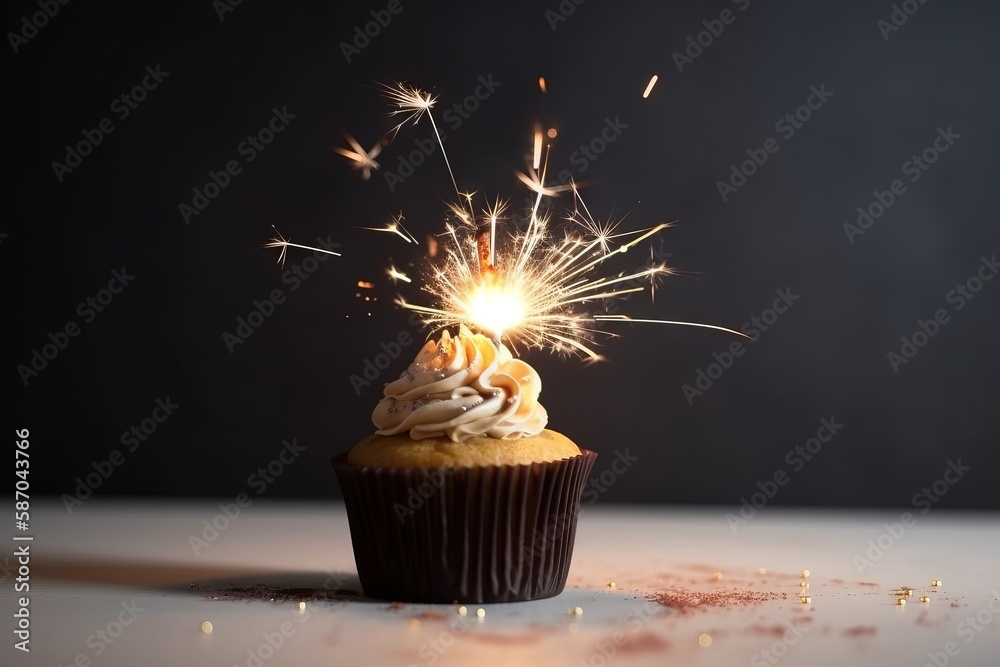  a cupcake with a sparkler sticking out of its top on a table with confetti sprinkles around it.  g