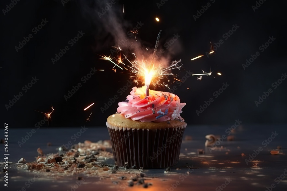  a cupcake with a lit candle on top of it on a table with confetti and sparklers in the air above it