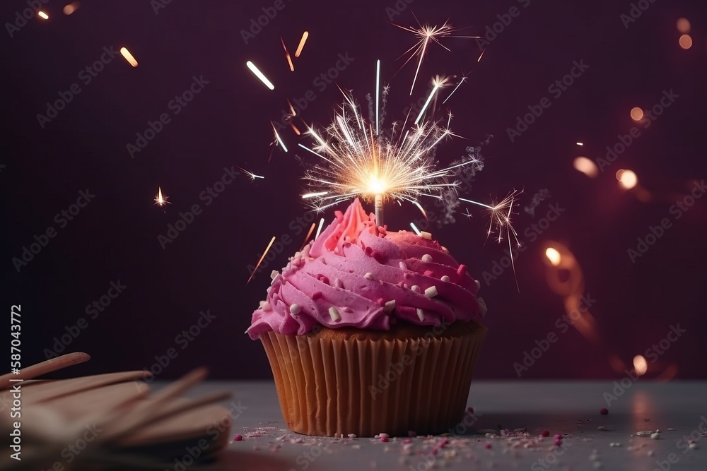  a cupcake with pink frosting and a sparkler on top of it, on a table with a book and a dark backgro