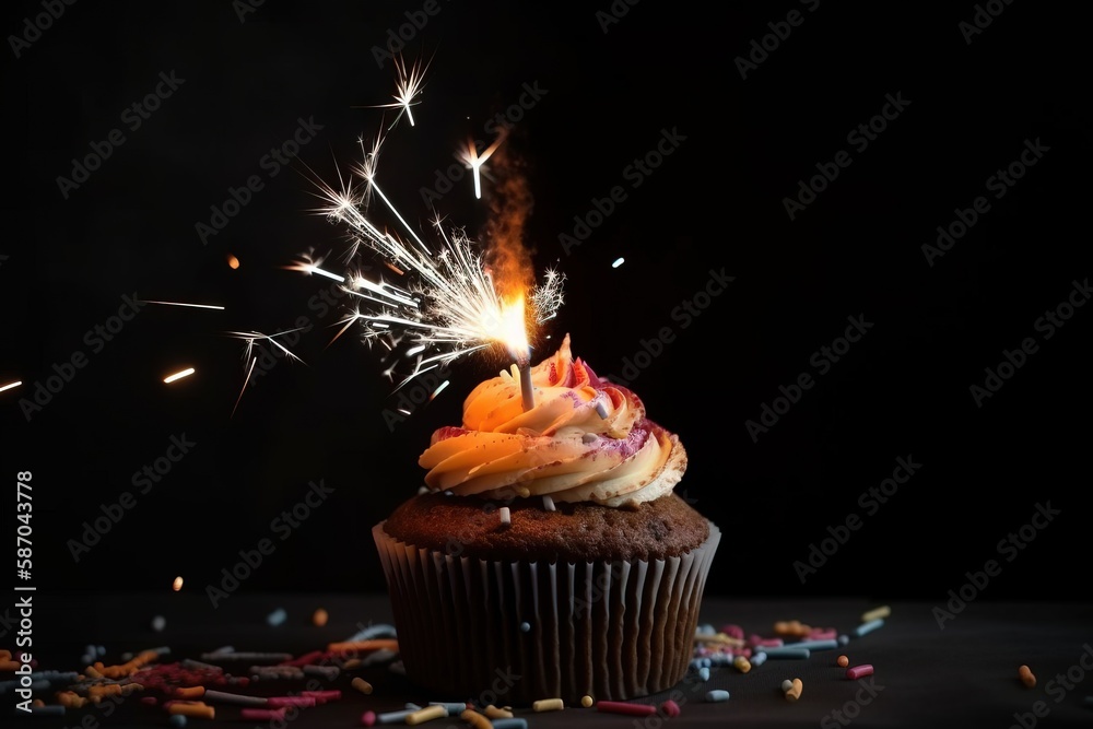  a cupcake with a lit candle on top of it surrounded by sprinkles and confetti on a black background