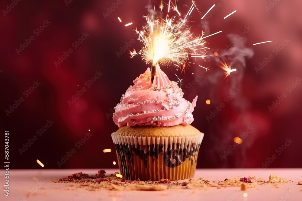  a cupcake with a pink frosting and a sparkler on top of it, on a pink surface with confetti sprinkl