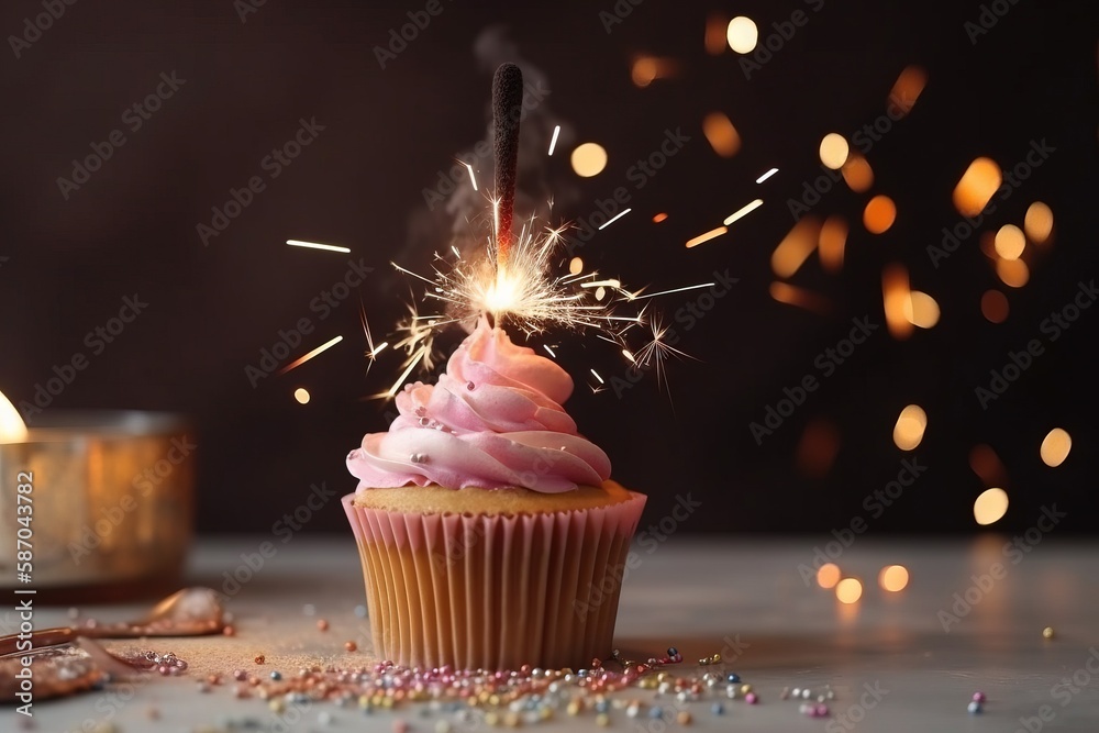  a cupcake with pink frosting and a sparkler sticking out of it on a table with confetti sprinkles. 