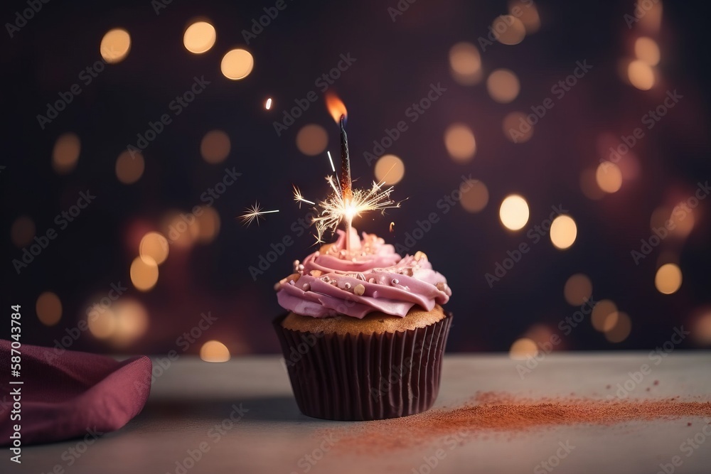  a cupcake with pink frosting and a sparkler sticking out of its top on a table with a blurry backg