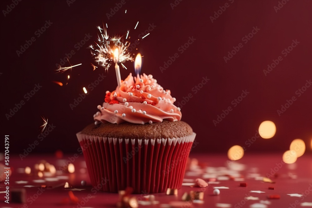  a cupcake with pink frosting and a sparkler sticking out of it on a pink table with confetti and co