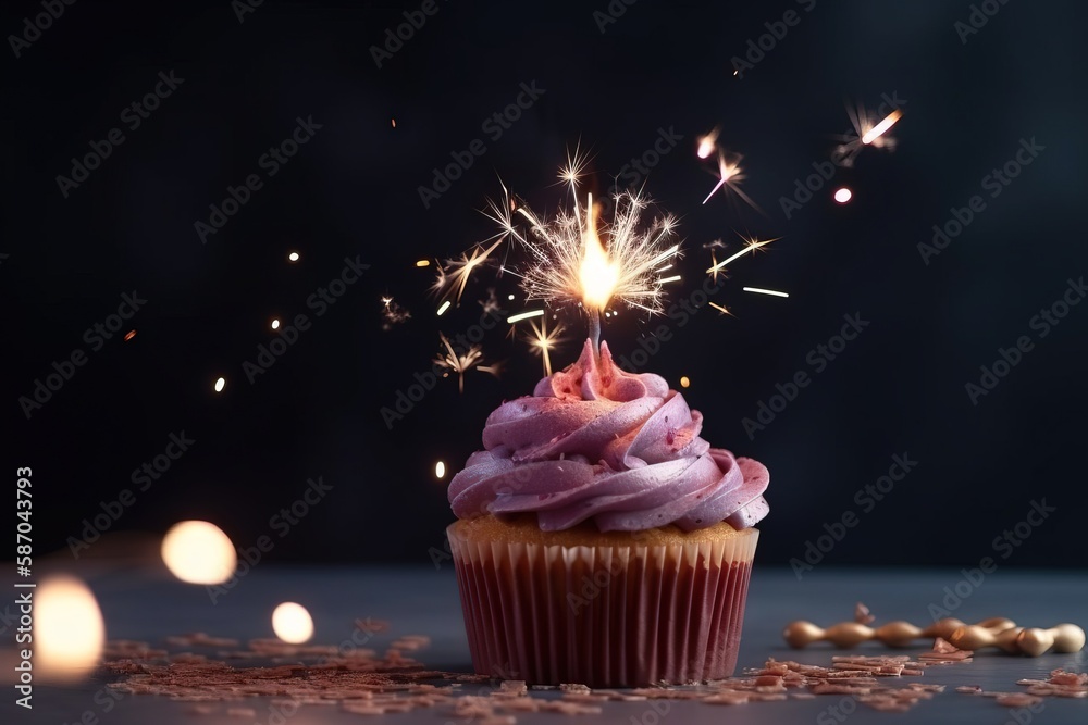  a cupcake with pink frosting and a sparkler sticking out of its center surrounded by confetti spri