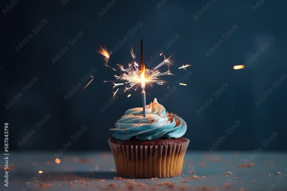  a cupcake with blue frosting and a sparkler sticking out of it on a table with confetti sprinkles. 