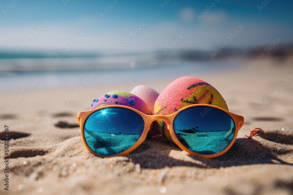 sunglasses resting on a sandy beach with a beautiful ocean view in the background. Generative AI