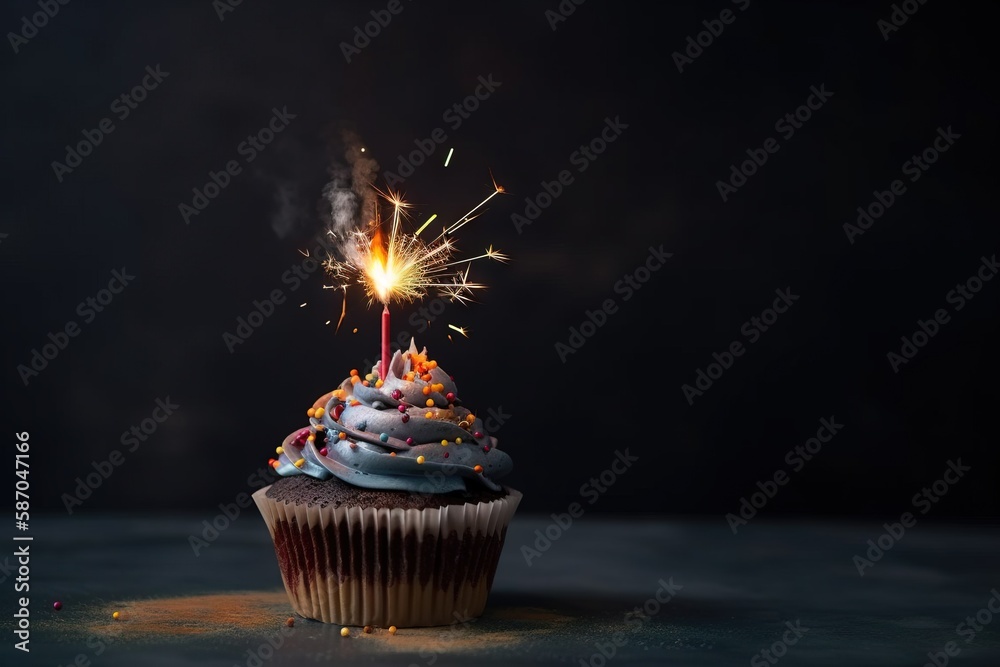  a cupcake with a sparkler sticking out of its top, on a black surface, with a dark background, wit