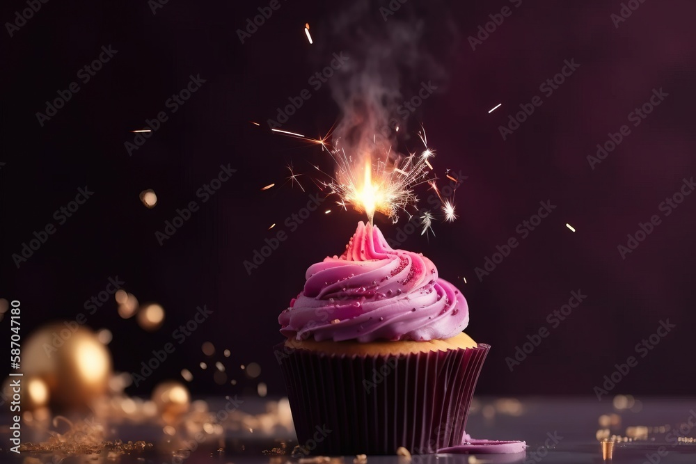  a cupcake with a pink frosting and a sparkler on top of it, surrounded by confetti and gold glitter