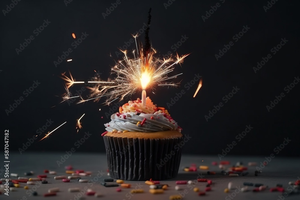  a cupcake with a sparkler sticking out of its center surrounded by confetti and sprinkles on a dar