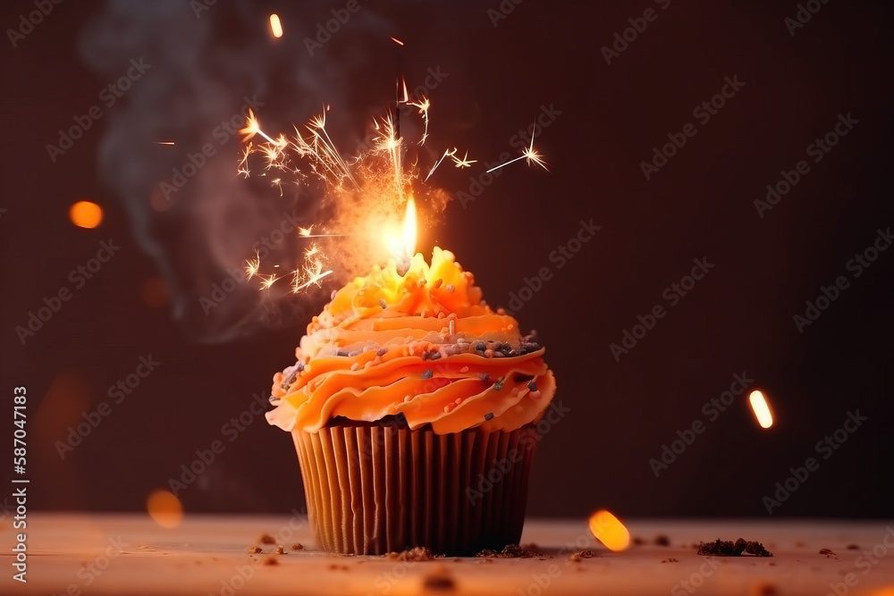  a cupcake with a lit candle in it on a wooden table with confetti sprinkles and smoke coming out of