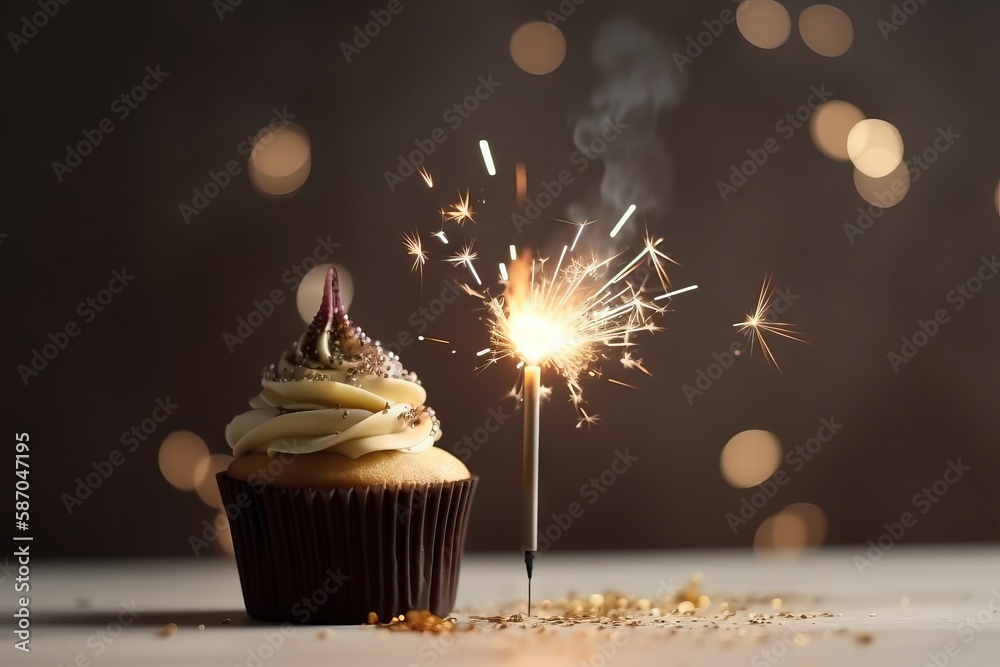  a cupcake with a sparkler sticking out of its side sitting on a table next to a cupcake on a stick