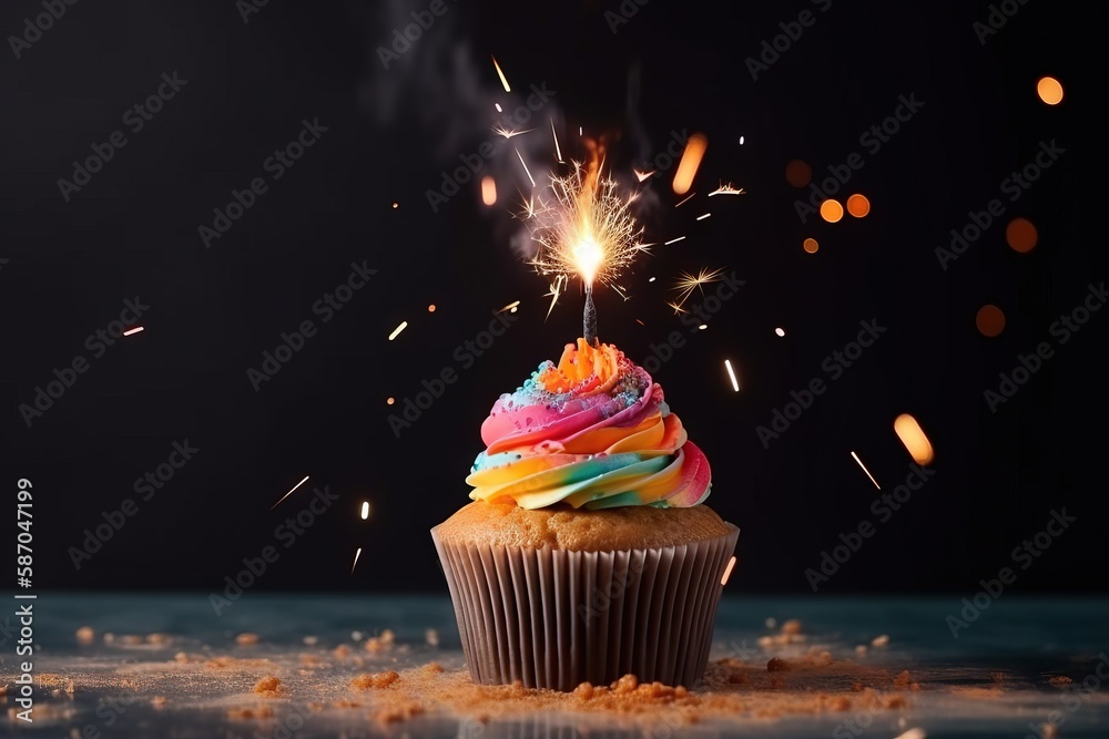  a cupcake with sprinkles and a lit candle sticking out of it on a table with confetti sprinkles.  g