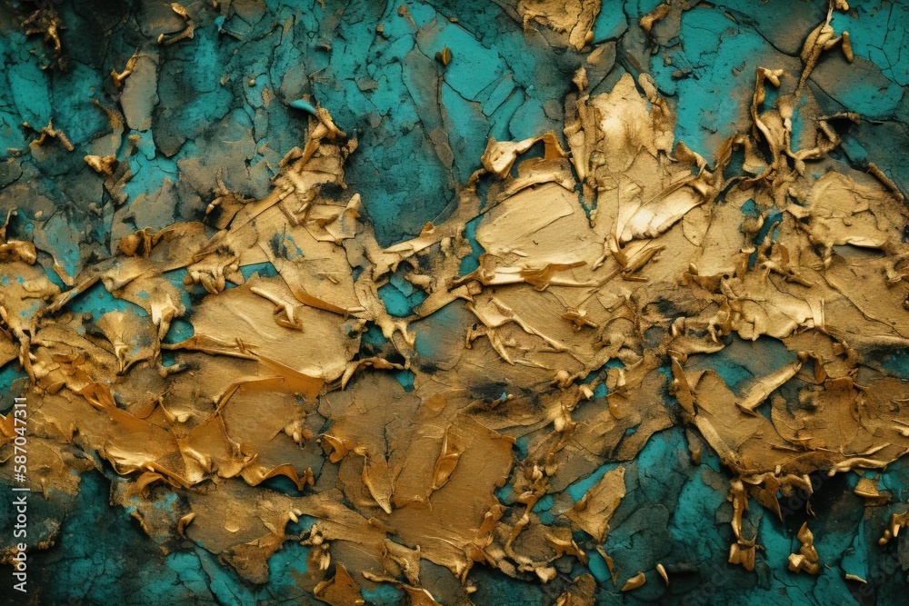  a painting with gold paint on a blue background with gold leafy leaves on its edges and a blue bac