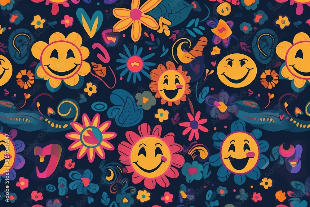  a bunch of smiley faces on a blue background with flowers and butterflies in the middle of the imag