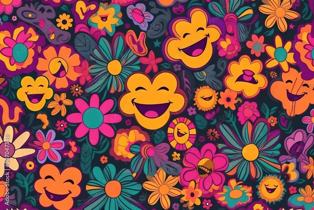  a bunch of colorful flowers with faces on them and a smiley face on the side of the flowers, all in