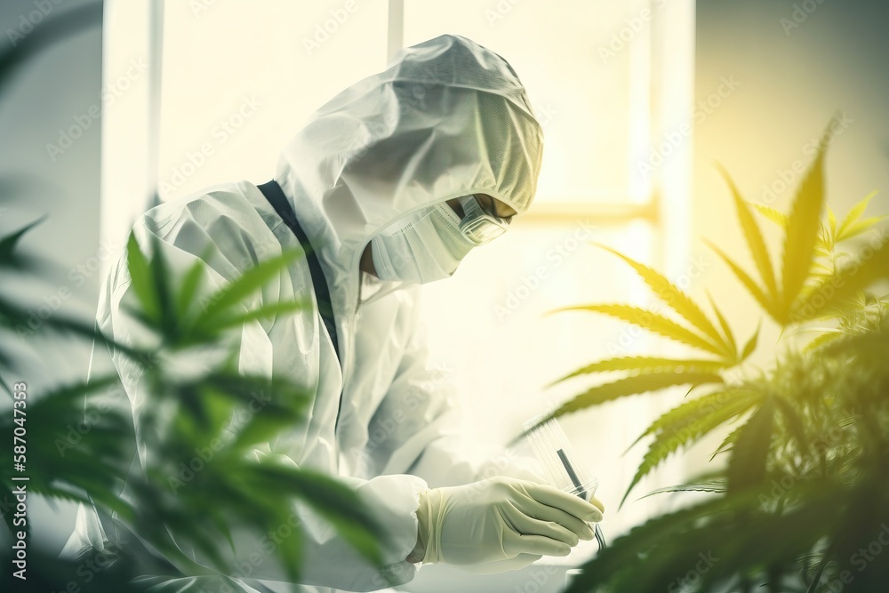  a person in a white suit and mask writing on a piece of paper next to a potted plant and a window w