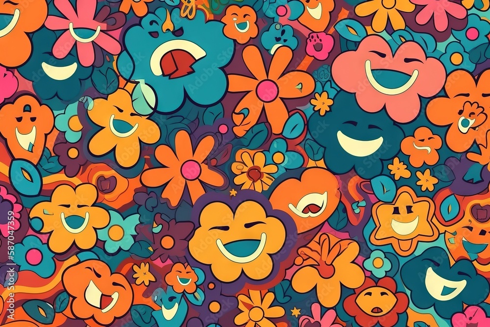  a bunch of different colored flowers and bears on a purple background with a smile on their faces a