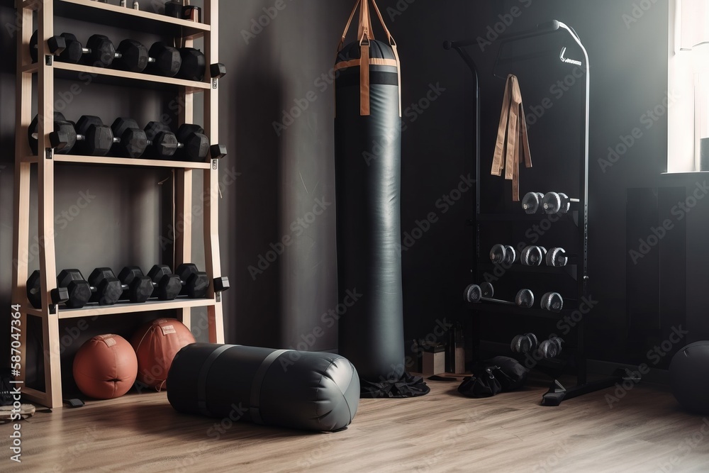  a gym with a punching bag, punching bag, and a punching bag in the corner of the room with a rack o