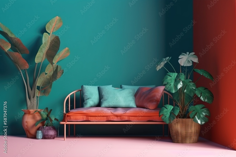  a living room with a couch, potted plants, and a green wall with a blue and red color scheme on it,